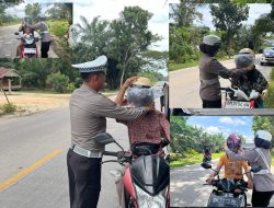 Satlantas Polres Rohil Bagikan Helm dan Kaos ke Warga Yang Patuh Aturan Lalin, Sekaligus Sosialisasi kan keselamatan lalin